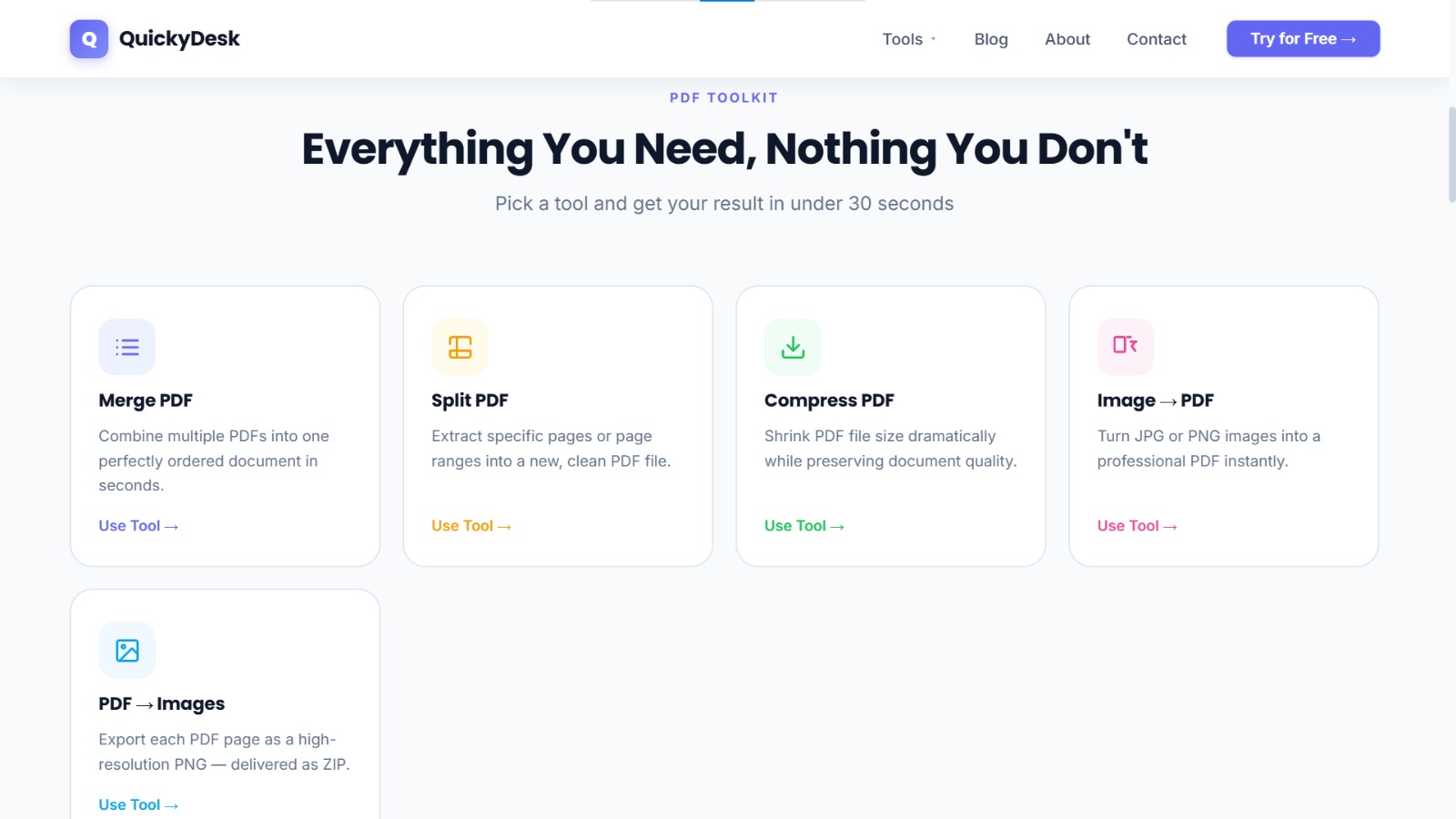 The full QuickyDesk PDF toolkit on the homepage