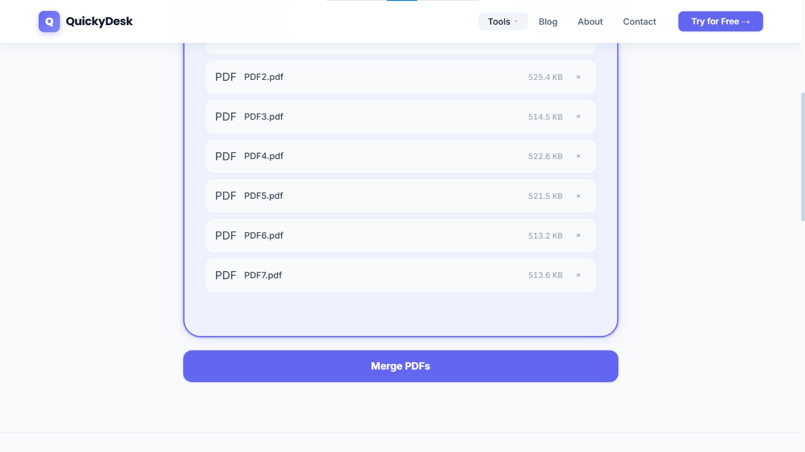 QuickyDesk Merge PDF tool with files selected, as seen on mobile browser
