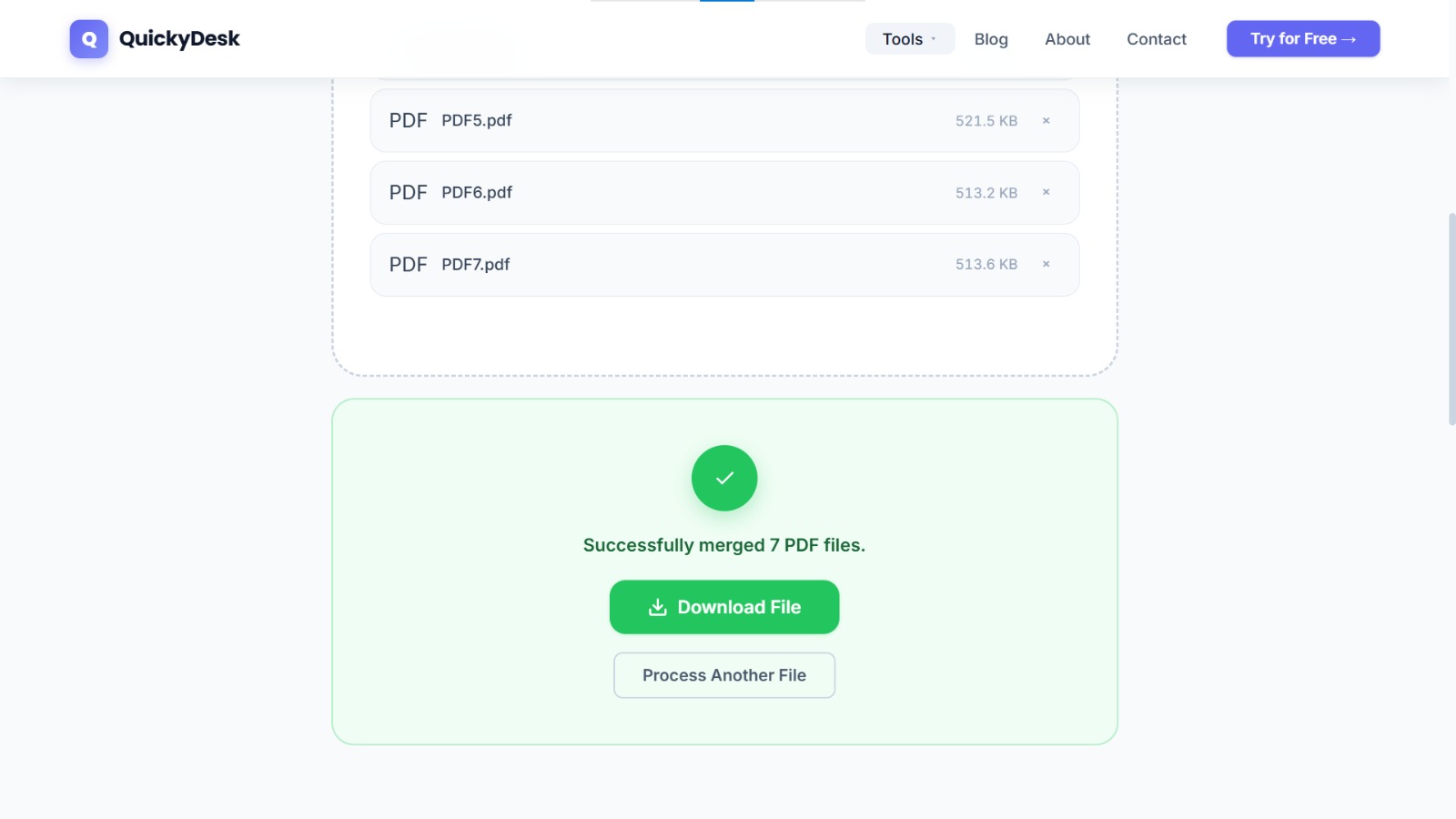 QuickyDesk Merge PDF tool with files uploaded and ready to merge
