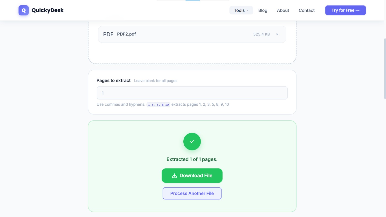 QuickyDesk Split PDF tool with a file uploaded and page range entered